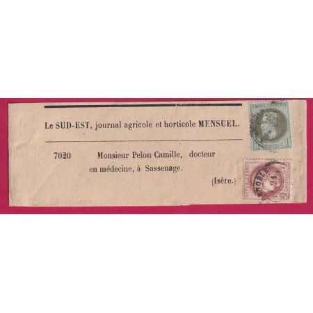 N°25 51 MIXTE GRENOBLE ISERE  POUR SASSENAGE BANDE DE JOURNAL 1872 RARE LETTRE COVER FRANCE