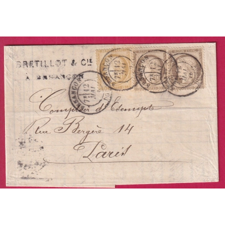 N°55 56 X2 CAD BESANCON DOUBS POUR PARIS POSTE RESTANTE 1876 LETTRE COVER FRANCE