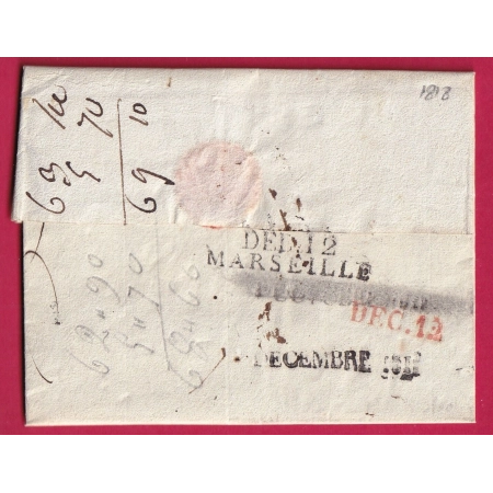 DEBOURSE DEB 12 MARSEILLE 1818 CACHET ARRIVE SARDE CHAMBERY SAVOIE DEPART LYON LETTRE COVER FRANCE