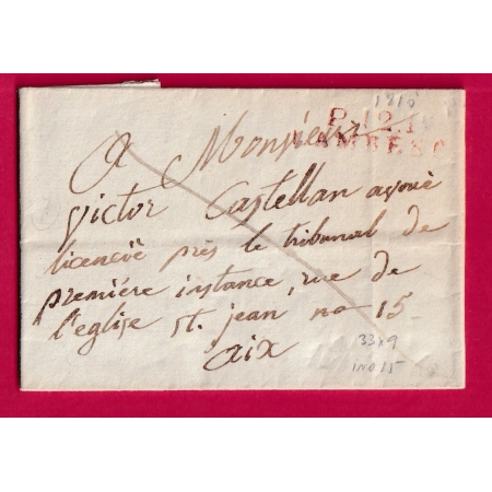 MARQUE P12P LAMBESC BOUCHES DU RHONE EN ROUGE POUR AIX 1816 INDICE 15 LETTRE COVER FRANCE