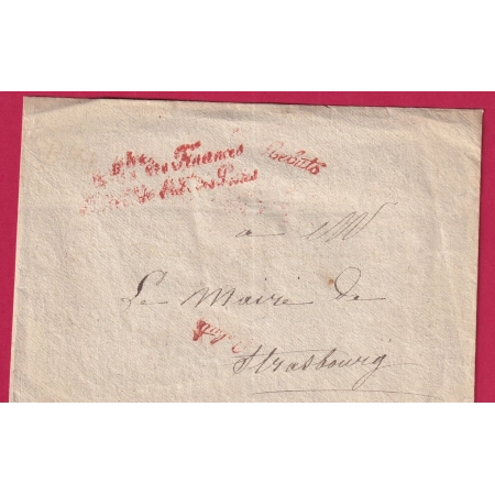 FRANCHISE MINISTERE DE FINANCES DIR DES POSTES GRIFFE REBUTS EN ROUGE STRASBOURG 1833 LETTRE COVER FRANCE