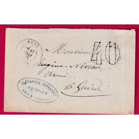 TAXE TAMPON 40 AHUN CREUSE 1872 POUR GUERET LETTRE COVER FRANCE