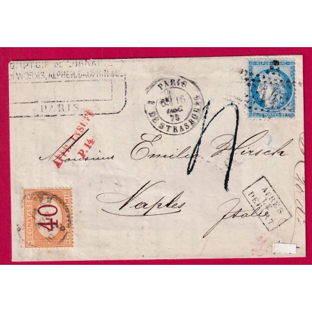 N°60 PARIS ETOILE 14 R DE STRASBOURG TAXE TAMPON 4 DECIMES EN BLEU NAPLES TAXE 40 CENTESIMI ITALIE ITALIA LETTRE