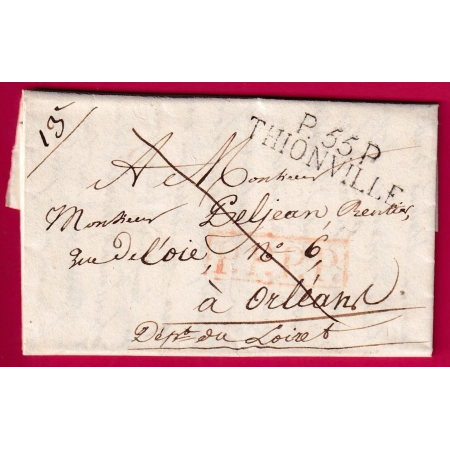 MARQUE P55P THIONVILLE MOSELLE 1821 ORLEANS LOIRET INDICE 12 LETTRE COVER FRANCE