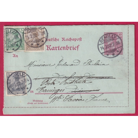 ALSACE LORRAINE ENTIER GERMANIA 10PF + 5 3 ET 2 REMILLY MOSELLE TANINGES HAUTE SAVOIE 1900 LETTRE COVER FRANCE