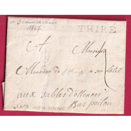 MARQUE THIRE VENDEE LENAIN N°3 1767 INDICE 16 LES SABLES D'OLONNE TEXTE SUR BEAUMARCHAIS ?? LETTRE COVER FRANCE