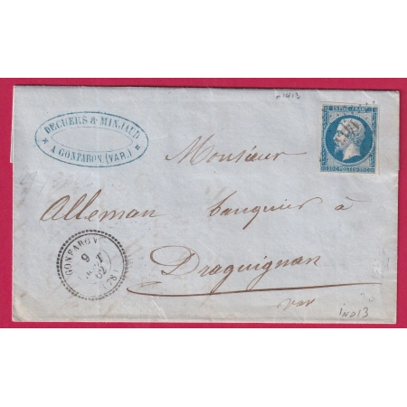 N°14 PC 1413 GONFARON VAR CAD TYPE 22 POUR DRAGUIGNAN INDICE 13 LETTRE COVER FRANCE