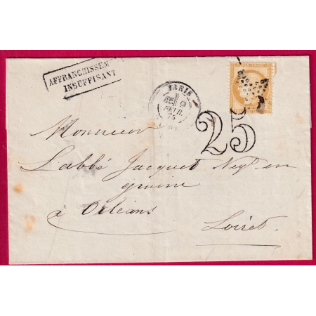 N°55 PARIS ETOILE BUREAU CENTRAL TAXE TAMPON 25 AFFRANCHISSEMENT INSUFFISANT ORLEANS LOIRET LETTRE COVER FRANCE