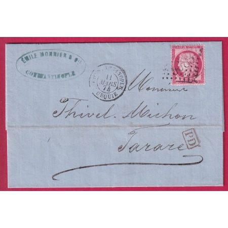 N°57 GC 5083 CONSTANTINOPLE TURQUIE TURKEY 1874 POUR TARARE LYON BFE LETTRE COVER FRANCE