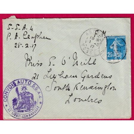 WW1 CONVOIS AUTO SSA4 FM + SEMEUSE 25C ARCHES VOSGES POUR LONDRES ANGLETERRE LETTRE COVER FRANCE