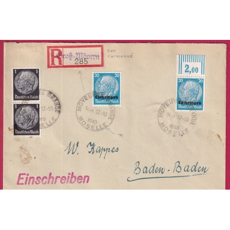ALSACE LORRAINE LOTHRINGEN CAD FRANCAIS HOROPLAN MOYEUVRE LA GRANDE MOSELLE 1940 RECOMMANDE LETTRE COVER FRANCE
