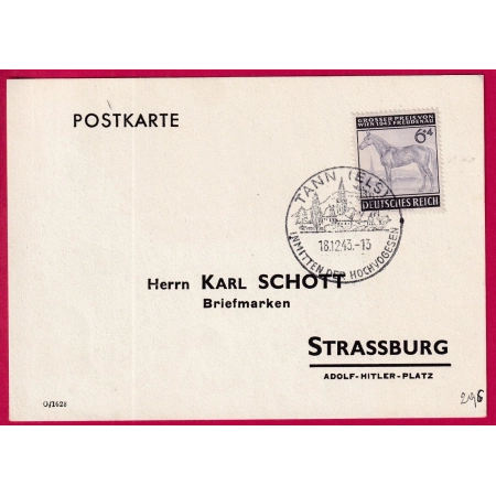 ALSACE LORRAINE TANN THANN 1943 HAUT RHIN CAD ALLEMAND TOURISTIQUE POUR STRASBOURG LETTRE COVER FRANCE
