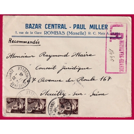GANDON RECOMMANDE PROVISOIRE MOYEUVRE GRANDE MOSELLE 1946 NEUILLY SUR SEINE LETTRE COVER FRANCE