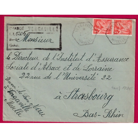 IRIS RECOMMANDE PROVISOIRE VERGAVILLE MOSELLE 1945 CAD HEXAGONAL PERLE STRASBOURG LETTRE COVER FRANCE