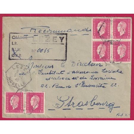 DULAC RECOMMANDE PROVISOIRE LEZAY MOSELLE 1946 CAD HEXAGONAL PERLE STRASBOURG LETTRE COVER FRANCE