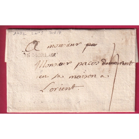 MARQUE DE MORLAIX FINISTERE LENAIN N°3 1732 INDICE 14 POUR LORIENT LETTRE COVER FRANCE