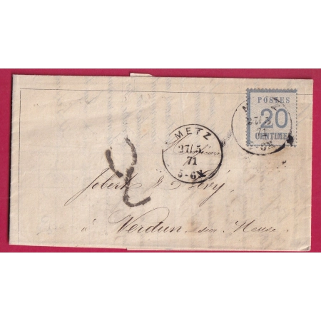 ALSACE LORRAINE N°6 METZ MOSELLE TAXE TAMPON ALLEMANDE 2 POUR VERDUN MEUSE LETTRE COVER FRANCE