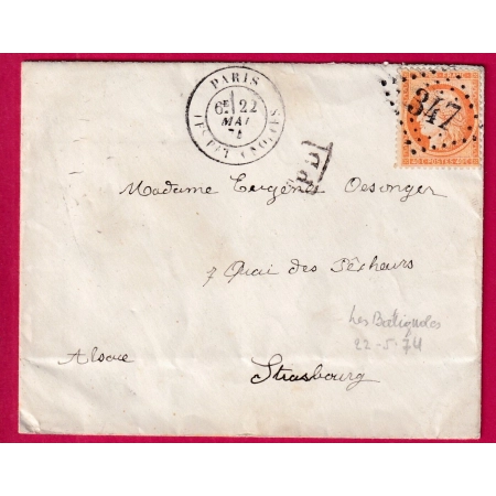 N°38 PARIS LES BATIGNOLLES GC 347 POUR STRASBOURG ALSACE LORRAINE LETTRE COVER FRANCE