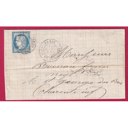 N°60 CAD PARIS GARE DU SUD OUEST ST GEORGES DU BOIS CHARENTE INFERIEURE LETTRE COVER FRANCE