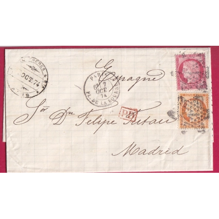 N°38 57 PARIS ETOILE 1 PL DE LA BOURSE POUR MADRID TRIPLE PORT LETTRE COVER FRANCE