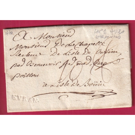 MARQUE EVRAN COTES DU NORD LENAIN N°1 1770 INDICE 20 POUR ILE DE BOUIN VENDEE LETTRE COVER FRANCE