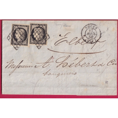 N°3 X2 NOIR SUR BLANC GRILLE ROUEN SEINE INFERIEURE 1850 POUR ELBEUF LETTRE COVER FRANCE