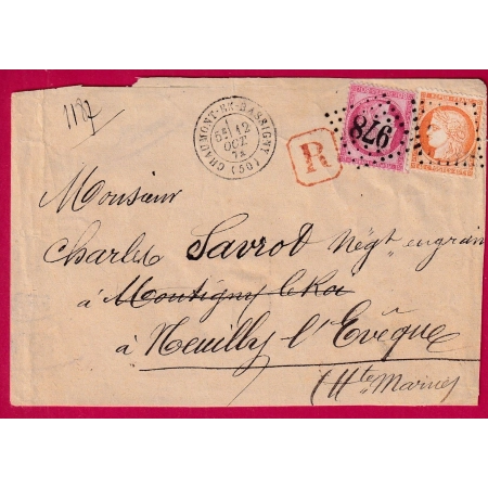 N°38 57 GC 978 CHAUMONT HAUTE MARNE DEVANT DE LETTRE RECOMMANDE DOUBLE PORT NEUILLY L'EVEQUE COVER FRANCE