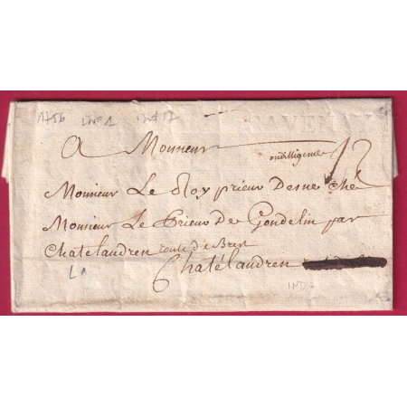 MARQUE SAVENAY LOIRE INFERIEURE 1756 LN°1 INDICE 17 MENTION EN DILIGENCE POUR CHATEAULAUDREN LETTRE COVER FRANCE