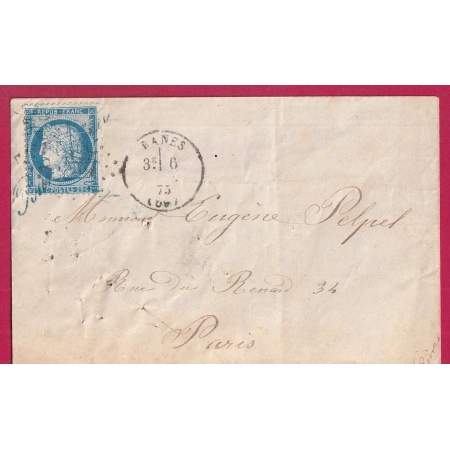 N°60 RARE ANNULATION TYPE CURSIVE EN BLEUE RANES ORNE POUR PARIS LETTRE COVER FRANCE