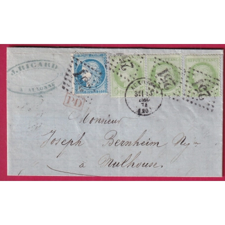 N°60 53 X3 GC 251 AUXONNE COTE D'OR POUR MULHOUSE ALSACE LORRAINE LETTRE COVER FRANCE