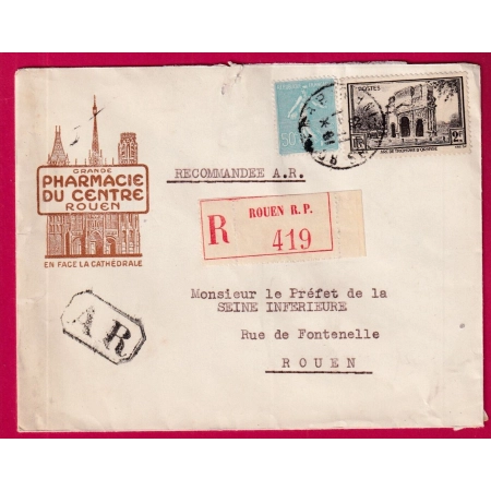 ENVELOPPE ILLUSTREE PHARMACIE DU CENTRE ROUEN SEINE INFERIEURE RECOMMANDE POUR ROUEN 1939 LETTRE COVER FRANCE