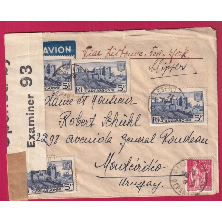 N°392 X4 283 MARSEILLE 1941 PAR AVION MONTEVIDEO URUGUAY CENSURE ANGLAISE CENSOR LETTRE COVER FRANCE