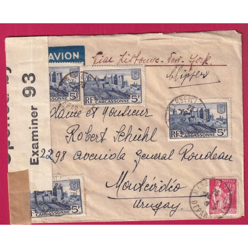 N°392 X4 283 MARSEILLE 1941 PAR AVION MONTEVIDEO URUGUAY CENSURE ANGLAISE CENSOR LETTRE COVER FRANCE