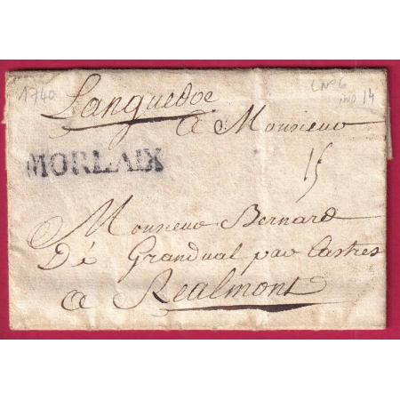 MARQUE DE MORLAIX FINISTERE LENAIN N°6 1740 INDICE 14 POUR REALMONT TARN LETTRE COVER FRANCE