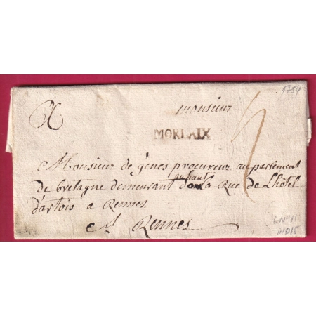 MARQUE DE MORLAIX FINISTERE LENAIN N°11 1754 INDICE 15 POUR RENNES ILLE ET VILAINE EX COLLECTION DUBUS LETTRE FRANCE