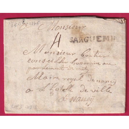 MARQUE SARREGUEMINES MOSELLE LENAIN N°3 1776 POUR NANCY MEURTHE ET MOSELLE INDICE 18 LETTRE COVER FRANCE