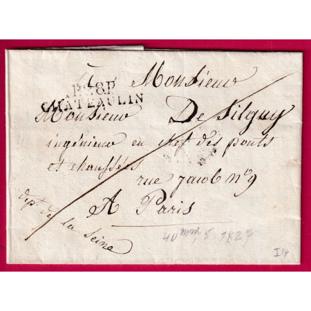 MARQUE P28P CHATEAULIN FINISTERE POUR PARIS 1827 INDICE 14 LETTRE COVER FRANCE