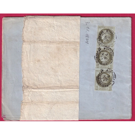 N°50 BANDE DE TROIS MARSEILLE AFFRANCHISSEMENT 1874 TEXTE VER A SOIE SERICICULTURE LETTRE COVER FRANCE