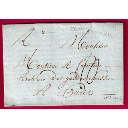 MARQUE CONCARNEAU FINISTERE LENAIN N°1 1789 INDICE 12 POUR PARIS POUR LES GARDES SUISSES LETTRE COVER FRANCE