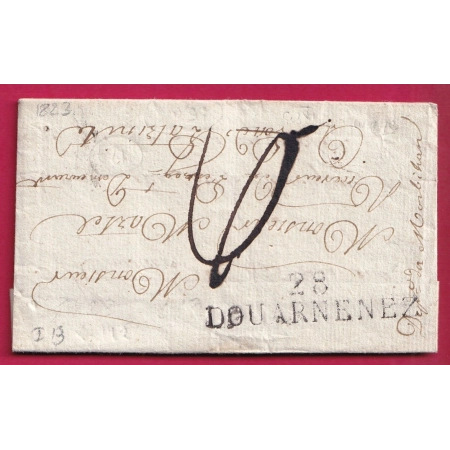 MARQUE 28 DOUARNENEZ FINISTERE 1823 POUR LA TRINITE INDICE 13 LETTRE COVER FRANCE
