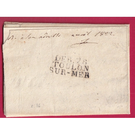 DEBOURSE DEB 78 TOULON SUR MER VAR INDICE 16 1822 DEPART FREJUS POUR BANDOL LETTRE COVER FRANCE