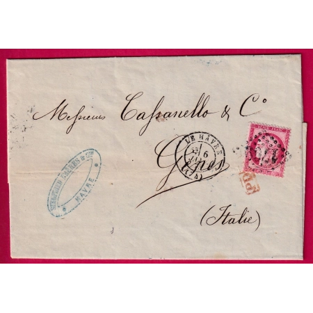 N°57 GC 1769 LE HAVRE SEINE INFERIEURE POUR ROME ITALIE ITALIA 1875 LETTRE COVER FRANCE