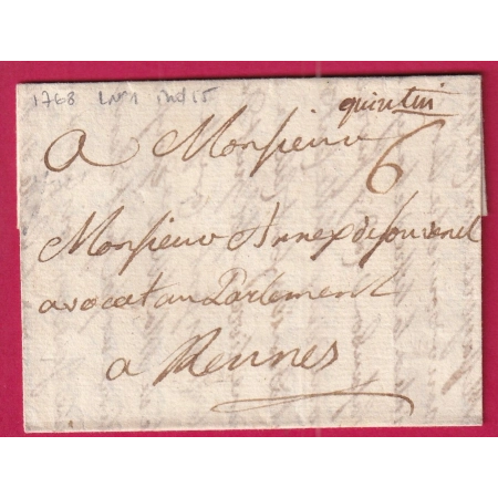 MARQUE MANUSCRIT QUINTIN COTES DU NORD 1768 LENAIN N°1 INDICE 15 POUR RENNES ILLE ET VILAINE LETTRE COVER FRANCE