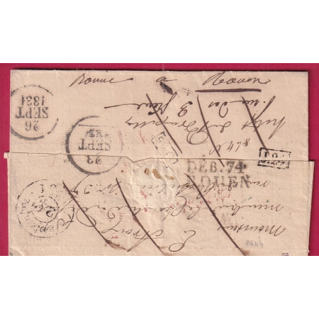 DEBOURSE DEB 74 ROUEN SEINE INFERIEURE 1831 DEPART PARIS REEXPEDIE POUR PARIS CACHET DE FACTEUR LETTRE COVER FRANCE