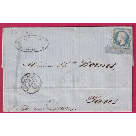 N°14 BLEU LAITEUX NANTES BOITE AMB 1 LOSANGE NP POUR PARIS INDICE 17 LETTRE COVER FRANCE