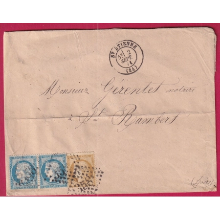 N°36 + 37 X2 GC 3581 ST ETIENNE LOIRE DOUBLE PORT DU 2 SEPTEMBRE 1871 POUR ST RAMBERT LETTRE COVER FRANCE