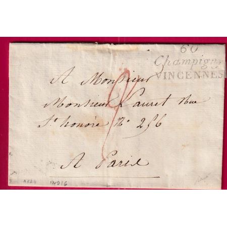 DOUBLE CURSIVE 60 CHAMPIGNY VINCENNES 1824 SEINE ET MARNE TAXE ROUGE 2 POUR PARIS SIGNE BAUDOT INDICE 16 LETTRE FRANCE