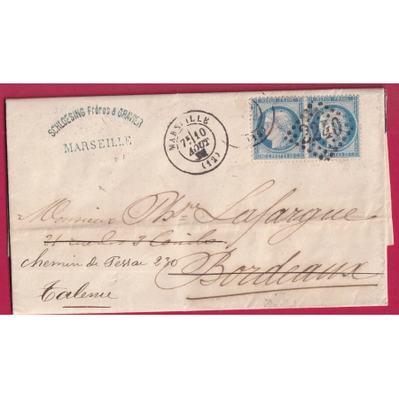 N°37 PAIRE GC 2240 MARSEILLE POUR BORDEAUX REEXPEDIE TALENCE GIRONDE 1871 LETTRE COVER FRANCE