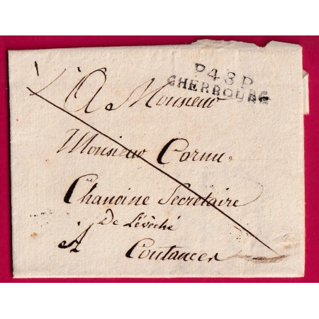 MARQUE P48P CHERBOURG MANCHE  POUR COUTANCES 1828 INDICE 10 LETTRE COVER FRANCE