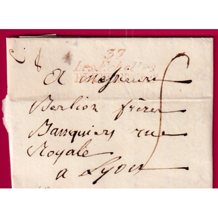 DOUBLE CURSIVE ROUGE 37 LES ECHELLES P DE BEAUVOISIN INDICE 19 POUR LYON 1823 LETTRE COVER FRANCE